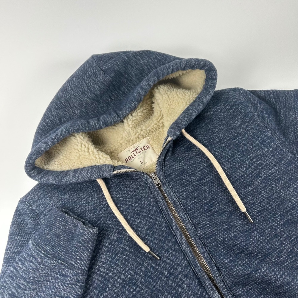 Hollister Mens S Faux Sherpa Lined Full Zip Hoodie Blue VTG Y2K Textured Jacket